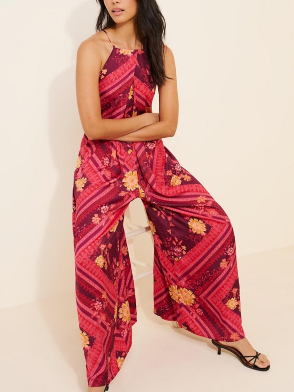 Free people Luca - Boho Halter Floral Wide-Leg Jumpsuit - Burgundy Pink - Picture 2 of 6
